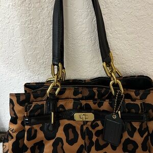 Coach Leopard Print Shoulder Bag with Black and Gold Accents